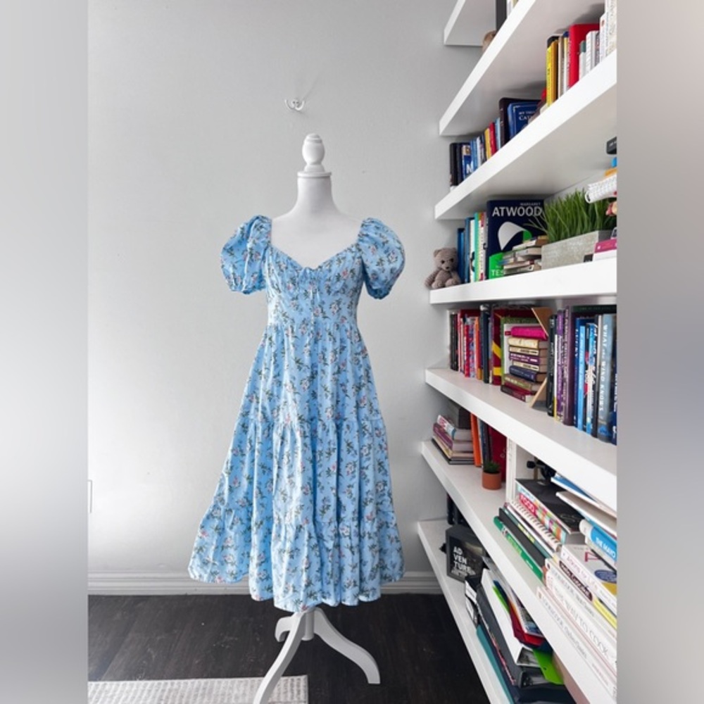 Blue Rain blue floral summer dress boho with puffy sleeves size medium